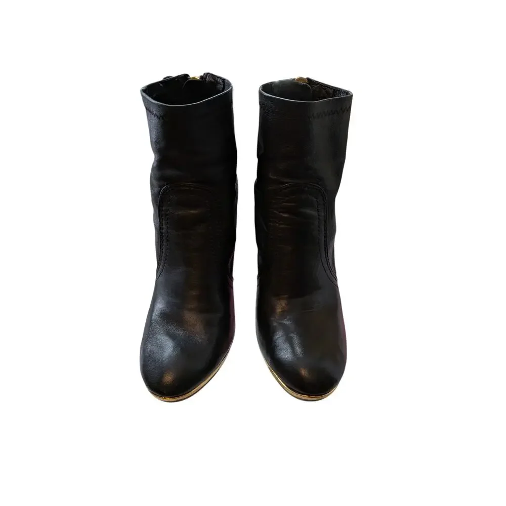 Tory Burch Black Leather Gold Logo Zip Ankle Boots Size 7 Luxury Minimalist